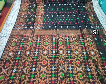 Copper Zari Jamdani Saree: Soft Triple Border Cotton Muslin Jamdani Sari