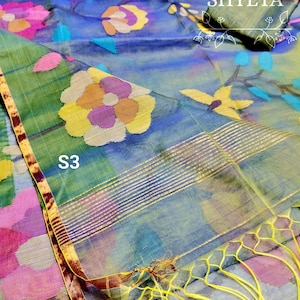 Handwoven Silk Muslin Jamdani Saree: Soft Floral Dhakai Sari with Blouse Piece S3