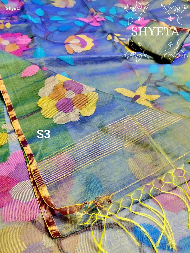Handwoven Silk Muslin Jamdani Saree: Soft Floral Dhakai Sari with Blouse Piece S3