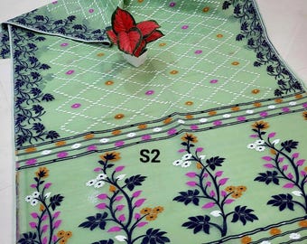 Handloom Cotton Muslin Jamdani Saree, Floral Motif Dhakai Sari With Blouse Piece