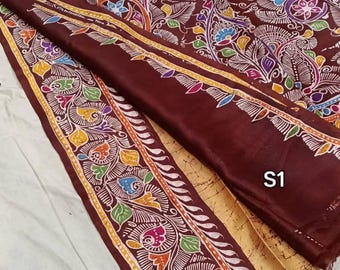 Hand-painted Bishnupuri Batik Silk Saree with Blouse Piece: Soft Wax Batik Sari
