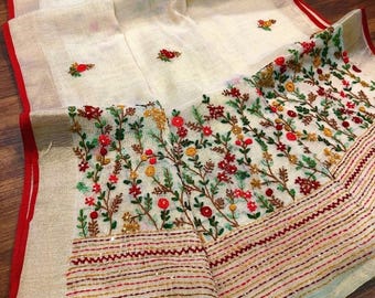 Bullion Flower Embroidery Work Tissue Linen Saree With Blouse Piece: Soft Organic Linen Sari