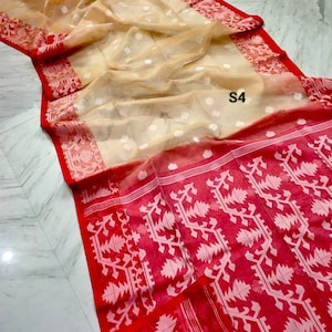 Sari Jamdani de muselina tejido a mano: sari de seda Resam de dos tonos con pieza para blusa. S4