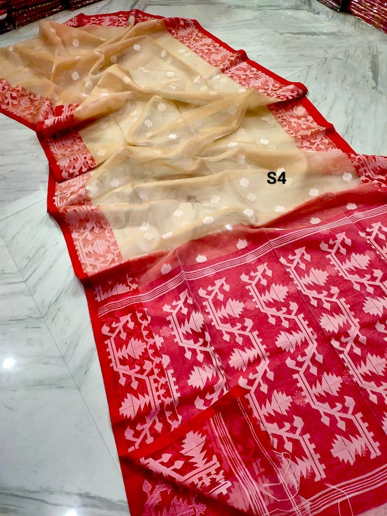 Sari Jamdani de muselina tejido a mano: sari de seda Resam de dos tonos con pieza para blusa. S4