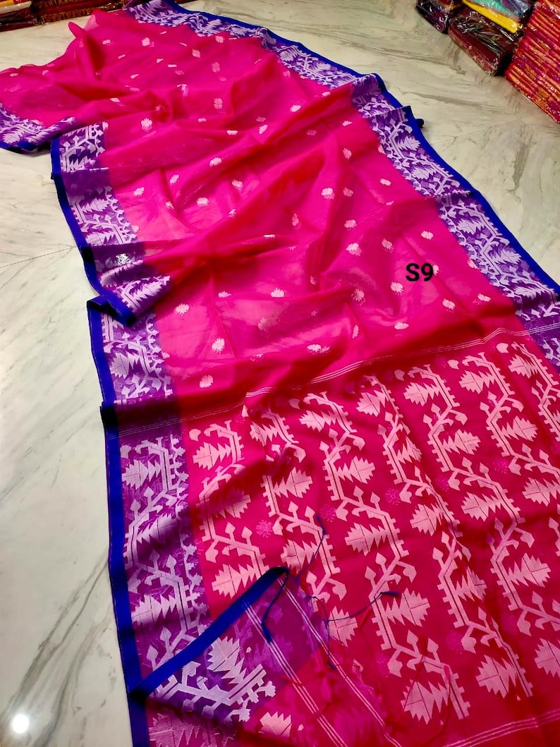 Sari Jamdani de muselina tejido a mano: sari de seda Resam de dos tonos con pieza para blusa. S9
