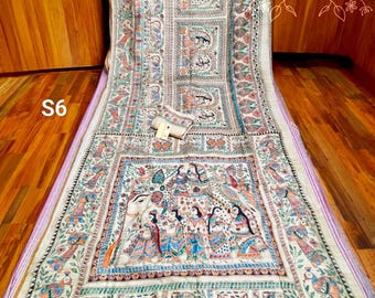 Handloom Ghicha Tussar Silk Saree: All Over Hand-Painted Madhubani Sari with Blouse Piece