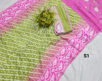 Sari Jamdani de algodón muselina con estampado de sierra por toda la prenda, con pieza para blusa: Sari suave de algodón Jamdani de Resam.