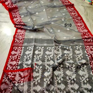 Sari Jamdani de muselina tejido a mano: sari de seda Resam de dos tonos con pieza para blusa. S10