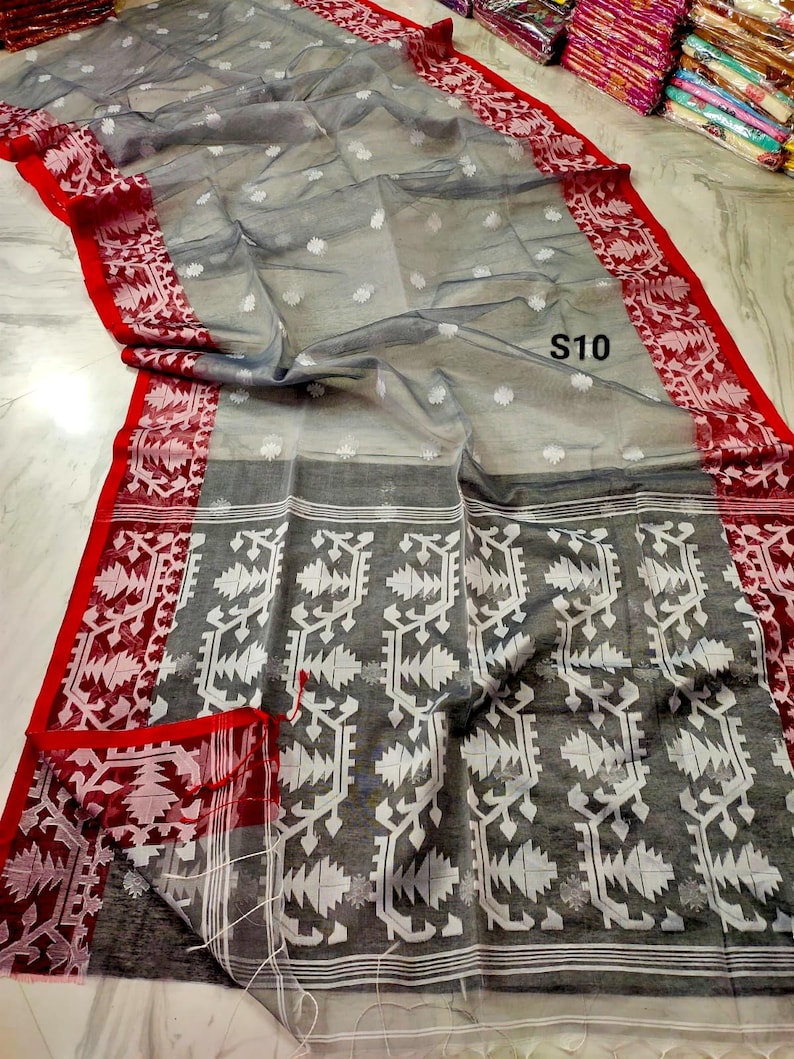 Sari Jamdani de muselina tejido a mano: sari de seda Resam de dos tonos con pieza para blusa. S10