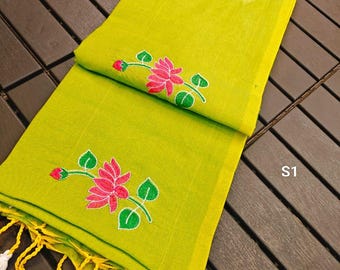 Sari de algodón Khadi con telar manual bordado de loto: suave Suti Sari con pieza de blusa