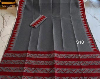Cuerpo Sari Jamdani de muselina de algodón liso: Sari Dhakai de algodón Resam suave con pieza de blusa