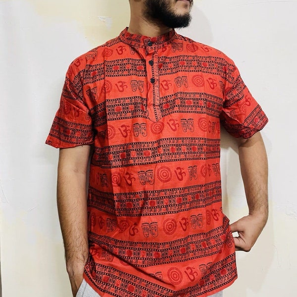 Short Om Printed Kurta, Pure Cotton Kurta, Handmade Vintage Style Cloths, Hand Block Print, Unisex Festival Tunic, Traditional Indian shirt.