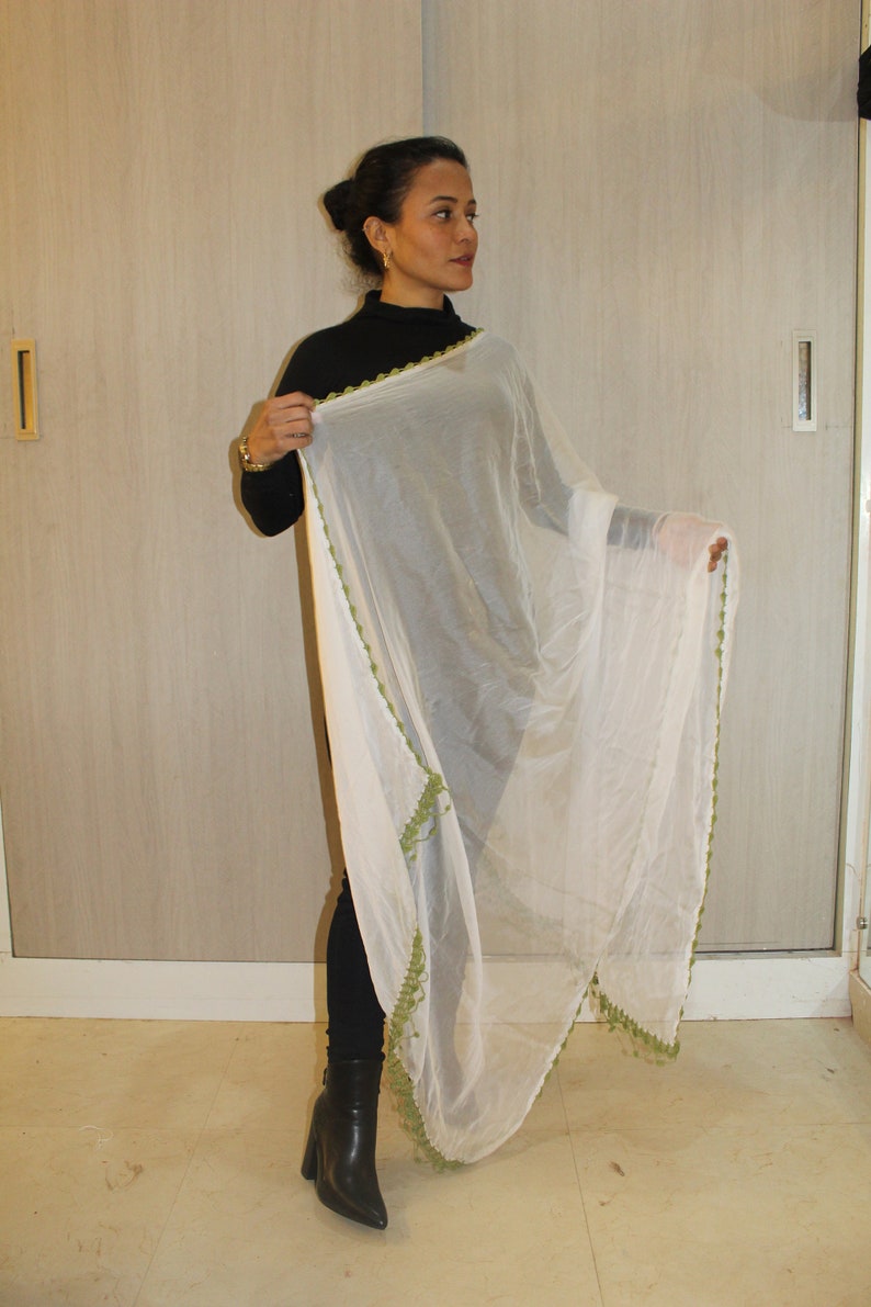 Indian Plain White Crochet Lace Dupatta, Chiffon Hijab Scarf Chunni