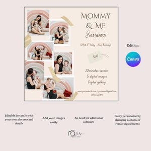 May include: A flyer advertising Mommy & Me photo sessions. The flyer features a collage of photos of mothers and children in a rainbow backdrop. The text on the flyer reads "Mommy & Me Sessions", "10th & 11th May - Now Booking!" and "$50". The flyer also includes information about the session, such as the duration, number of images, and digital gallery. The flyer is editable in Canva.