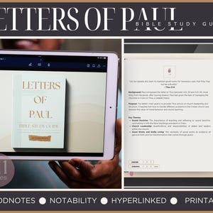 Op de afbeelding: Een digitale Bijbelstudiegids getiteld "Brieven van Paulus" weergegeven op een tablet. De omslag van de gids is zichtbaar, met tekst in een schreefletter. De afbeelding toont ook een pagina met tekst en belangrijke thema's. De gids heeft 511 pagina's.