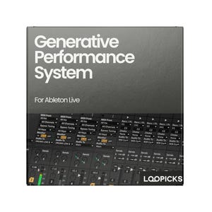 May include: A square black box with white text reading Generative Performance System For Ableton Live. The lower portion displays a detailed digital audio workstation interface with multiple channel strips, faders, and the brand name LOOPICKS.