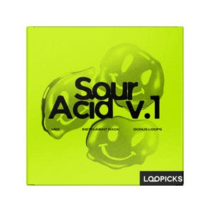 May include: A square, neon green box with the text "Sour Acid v.1" in black. The design features three translucent, smiling blob shapes. Below the text are the words "MIDI", "INSTRUMENT RACK", and "BONUS LOOPS". The bottom right corner has the text "LOOPPICKS".