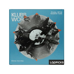 May include: A teal box with the text "KLUBB WORKS" in white. The box features a black and gray abstract design with orange accents. Text on the box reads "Drums, SFX & Bassline Tools" and "Minimal, Tech, Deep."