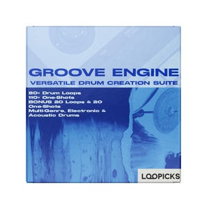 May include: A square, light blue box with the words "GROOVE ENGINE" in large, bold, blue letters. The text "VERSATILE DRUM CREATION SUITE" is below. Additional text lists 80+ drum loops, 110+ one-shots, and bonus loops. The bottom right corner has the word "LOOPICKS".