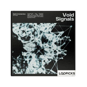 May include: A black box with the text "Void Signals" in white. The box features a complex white and light blue geometric design. Additional text includes "Dark & Immersive SFX Pack" and "LOOPICKS".