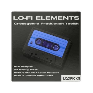 May include: A black box with the text "LO-FI ELEMENTS" and "Crossgenre Production Toolkit." A blue cassette tape graphic is centered on the box. The text "150+ Samples," "20 Melody MIDIs," and "BONUS 50+ MIDI Drum Patterns" are also visible.