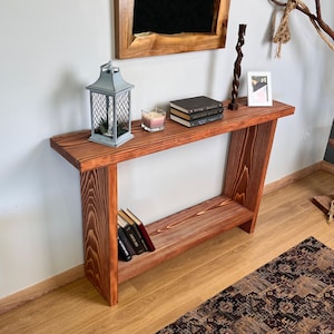 Rustic Spruce Console Table: Mahogany Finish, Narrow Entryway Shelf