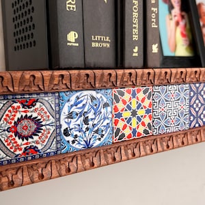 Carved Edge Ceramic Tile Floating Shelf, Handmade Wood Shelf with LED, Ornate Carved Trim Wall Shelf image 10