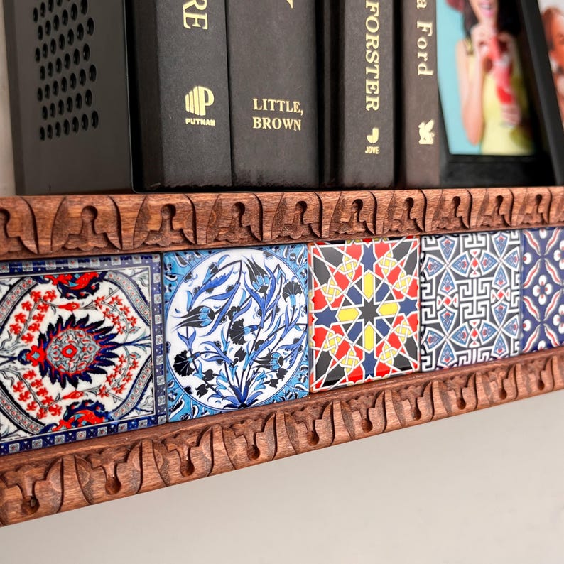 Carved Edge Ceramic Tile Floating Shelf, Handmade Wood Shelf with LED, Ornate Carved Trim Wall Shelf image 10