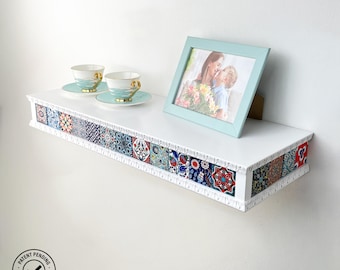 Handcrafted Ceramic Tile Floating Shelf, Mediterranean Style Wall Shelf, LED Optional Shelf, White Floating Shelf, Unique Wall Decor