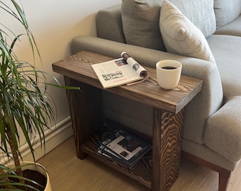 Rustic End Table: Skinny Natural Wood Side Table with Shelf