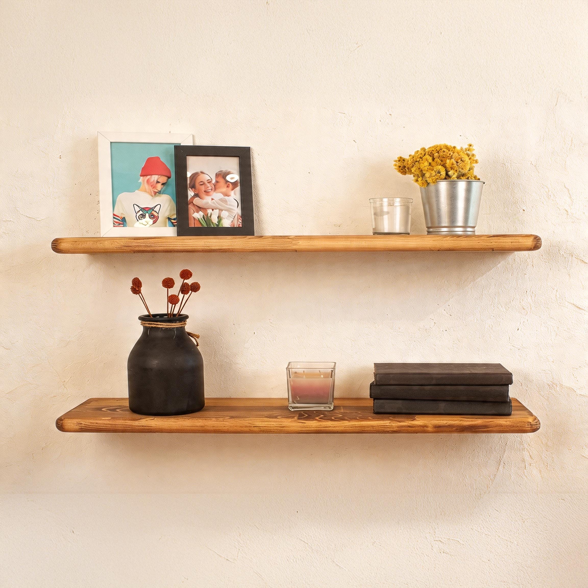 Full-radius Floating Shelf, Oak Color Rounded Corner Wall Rack ...