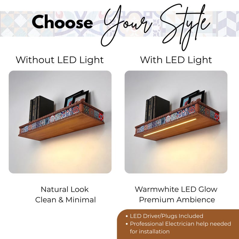 Carved Edge Ceramic Tile Floating Shelf, Handmade Wood Shelf with LED, Ornate Carved Trim Wall Shelf image 5