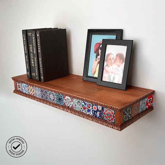 Carved Edge Ceramic Tile Floating Shelf, Handmade Wood Shelf with LED, Ornate Carved Trim Wall Shelf