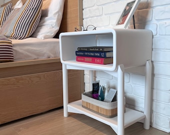 White Oval Wood Nightstand with Shelf - Scandinavian Bedside Table