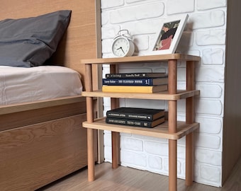 Handmade 3-Tier Wooden Nightstand with Legs | Solid Spruce Bedside Table | Minimalist Scandinavian Bedroom Furniture