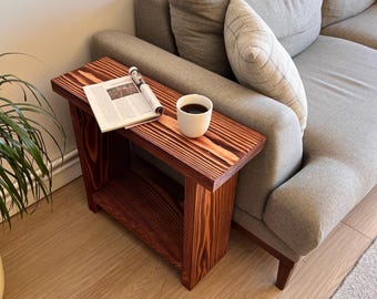 Rustic Narrow End Table: Mahogany Finish, Shelf, Plant Stand