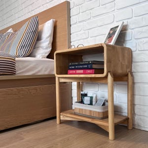 Oval Nightstand with Legs – Scandinavian Wood Bedside Table with Shelf – Minimalist Boho Nightstand – Solid Wood End Table