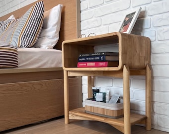 Handmade Oval Wood Nightstand: Scandinavian Bedside Table with Shelf