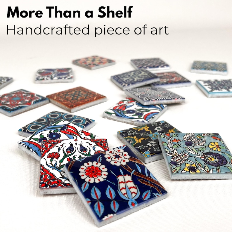 May include: A collection of square ceramic tiles featuring diverse floral and geometric patterns in blue, red, yellow, and black. The text "More Than a Shelf" and "Handcrafted piece of art" is visible at the top of the image.