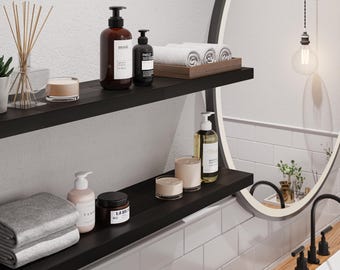 Estante flotante negro, estante de baño a medida, estante de madera maciza, estante flotante moderno