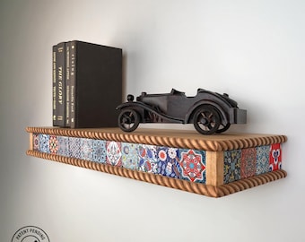 Handcrafted Ceramic Tile Floating Shelf, Mediterranean Style, Solid Wood Wall Decor (LED Optional)