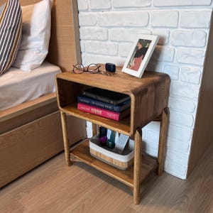Modern Oval Nightstand with Legs – Scandinavian Wood Bedside Table with Shelf – Minimalist Boho Nightstand – Solid Wood End Table