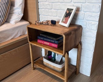 Handmade Oval Wood Nightstand: Scandinavian Bedside Table with Shelf