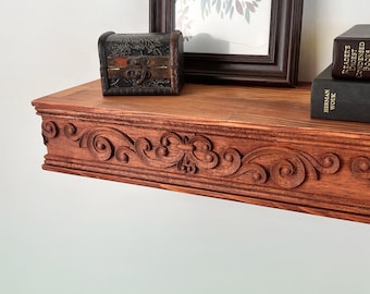 Artisan Crafted Wooden Shelf | Thick Rustic Decorative Ledge, Traditional Elegant Wall Decor, Solid Wood Mantel with Deep Carving