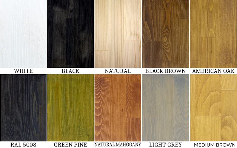 May include: A collection of wood flooring samples in various colors, including white, black, natural, black brown, American oak, RAL 5008, green pine, natural mahogany, light grey, and medium brown. Each sample displays the wood grain.