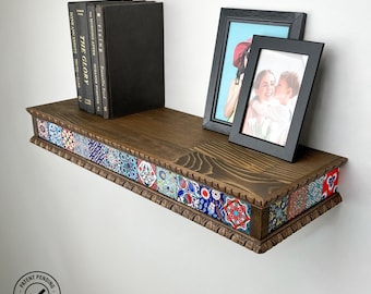 Handmade Carved Wood Floating Shelf, Ornate Ceramic Tile Trim Wall Accent
