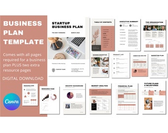 May include: A digital business plan template with a modern design. The template includes pages for the executive summary, market analysis, financial plan, and more. The text "BUSINESS PLAN TEMPLATE" is displayed prominently, along with "DIGITAL DOWNLOAD".