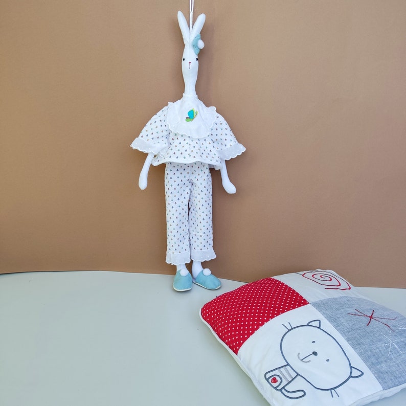 Bunny toy tilda Sleeper in pijamas and slippers handmade interior doll rabbit home decor bedroom kids image 10