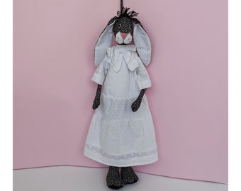 Cotton Bunny Toy in white lace dress and bow Stuffed Animals Handmade tilda interior design home decor Natural Soft Cuddy Eco Black Rabbit