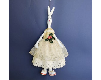 Cotton Bunny toy tilda Christmas rabbit in fancy dress and christmas accessory Stuffed Animals Handmade Home Interior Decor Christmas Gift